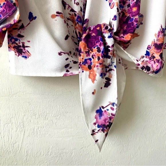 LAST CHANCE SALE!Floral Print Colorful Boho Front Tie Blouse Wide Kimono Sleeves - Picture 3 of 10